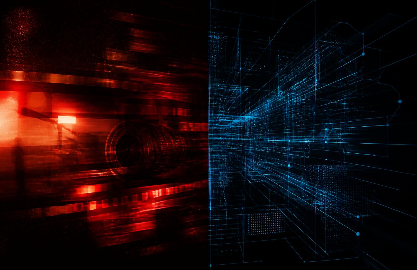 Film production light on the left blending into a blue circuit topology on the right